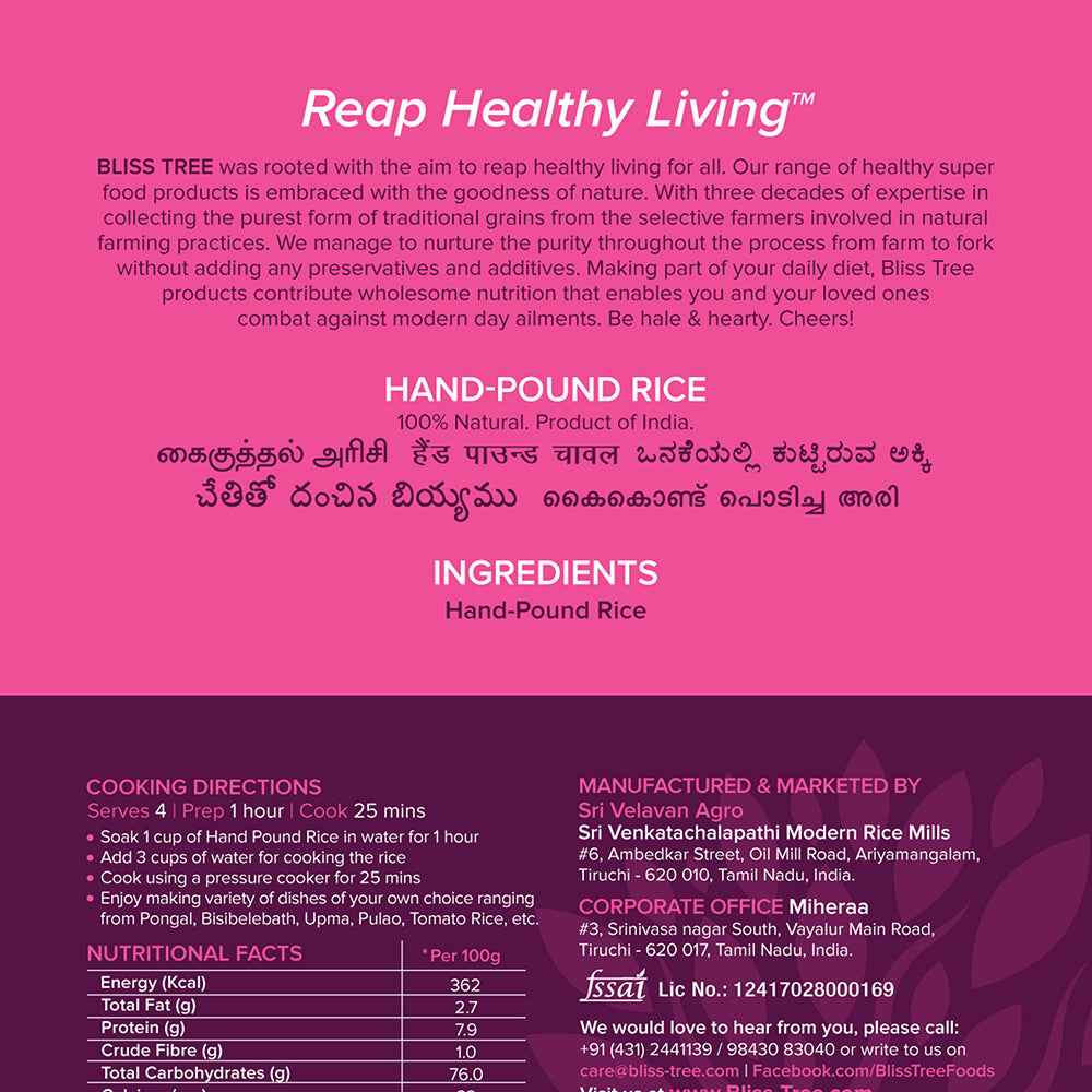 Experience the Nutrient-Rich Goodness of Hand Pound Rice (Kaikuthal Arisi) from Bliss Tree